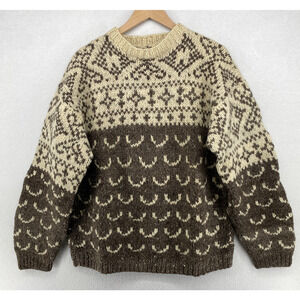 Alpaca Wool Sweater Mens L Nordic Fair Isle Chunky Grandpa Jumper Beige Brown